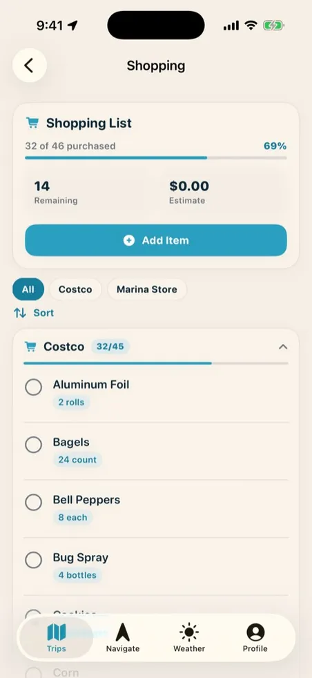 Shared Lake Powell shopping list grouped by store