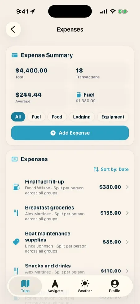 Trip expense tracker with category summary and split costs