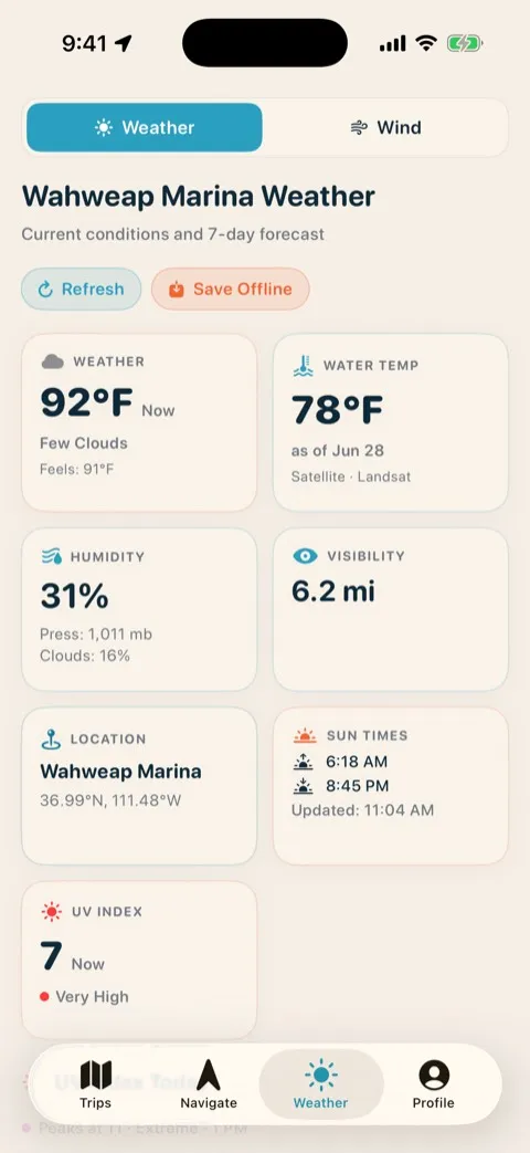 Marina-level Lake Powell weather with current conditions and hourly forecast