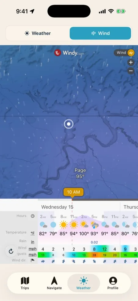 Interactive Lake Powell wind map with an hourly forecast timeline