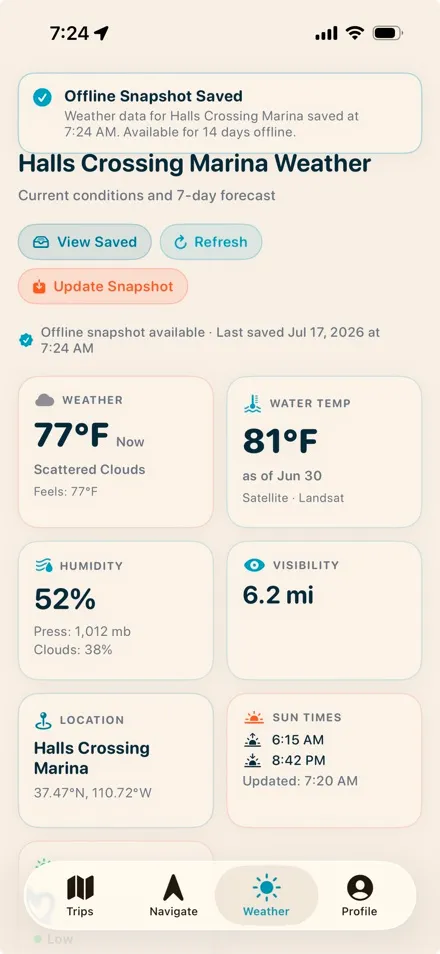 Saved offline weather snapshot for a Lake Powell marina with no cell service