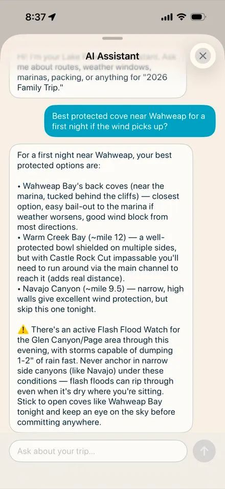 AI lake guide answering a question about protected coves