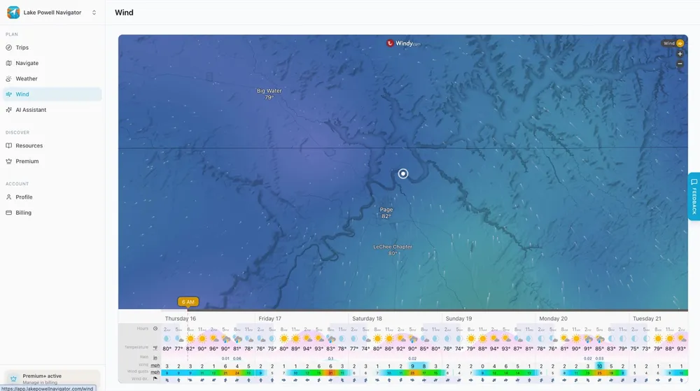Interactive Lake Powell wind map with a six-day timeline of speed, gusts, and direction